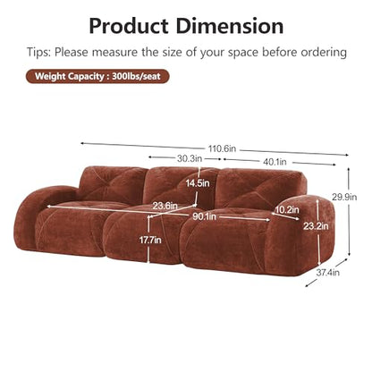 111" Velvet Modular Sofa Cama para Cuarto, Small Couches for Living Room with High Density Sponge, Cloud Loveseat with Tufted Design for Home Theater Study Space, Red+Brown - color: Red+brown