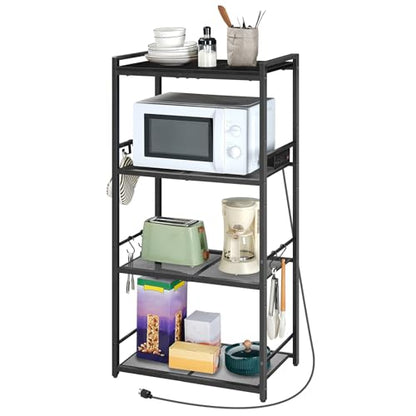 MAHANCRIS Bakers Rack with Power Outlet, Microwave Stand with Hooks, Multifunctional Storage Rack, Coffee Bar with Enclosure, Kitchen Storage Shelf, for Kitchen, Dining Room, Black BRHB40E01 - color: Black