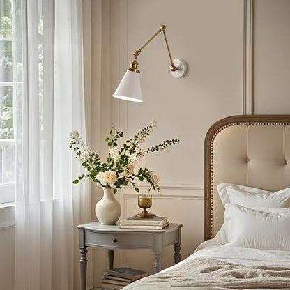 JONATHAN Y Rover 1-Light Wall Sconce 7", White/Brass Gold | Adjustable Arm, Hardwired Bedside Reading Swing Arm, Farmhouse Cone Shade, Metal Hardwired Indoor Fixture, LED Bulbs Included - color: White/Brass Gold, size: Set of 1