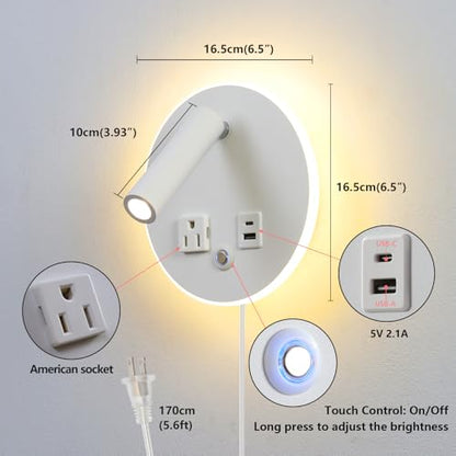 LED Round Wall Lamp Dimming Wall Mounted Reading Lights, Adjustable Headboard Plug in Wall Sconce with USB+USB C Ports, Headboard Bedside Lamp with 6W+3W Night Light 3000K (White) - color: White