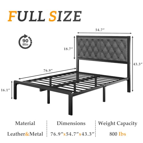 HISOFT Full Bed Frame with Upholstered Button Tufted Headboard, Bed Frame Platform Metal Slats Support, Under Bed Storage, No Box Spring Needed, Noise-Free, Easy Assembly, Grey - color: Grey, size: Full