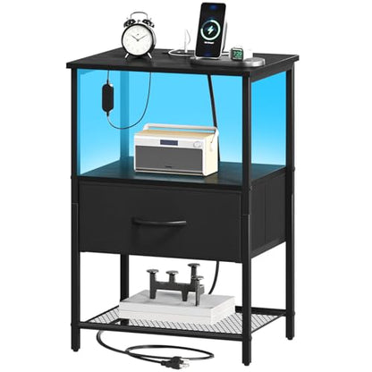 Somdot Nightstand with Charging Station & LED Light, Bedroom Bedside Table | Dorm, Guest Room, Kids Room, Laundry, Closet, Entryway and Hallway, Black - color: Black, size: 11.8"D x 15.7"W x 23.4"H (1 Drawers)