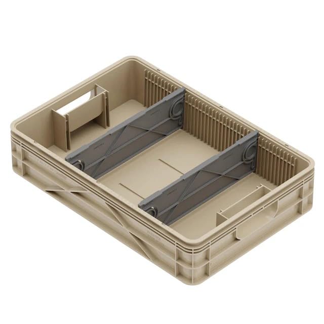 Quarter Crate 4-Pack Stackable Storage Bins, Tan | Polypropylene, 14 dividers included, 19.16x12.75x4.57 in, over 1000 lb stack, lids sold separately - color: Tan