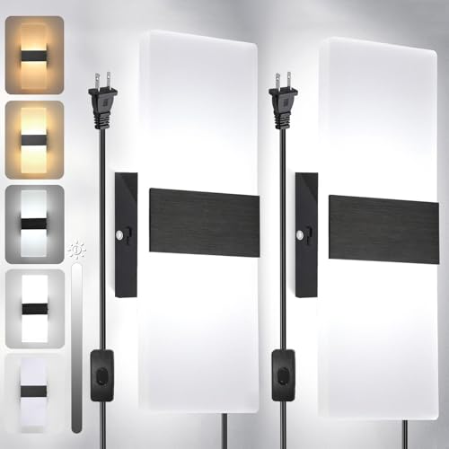 TRLIFE Modern LED Wall Sconces, Adjustable 4 Color Temperature 12W Wall Sconce Plug in, Acrylic Wall Mounted Light Set of 2 Wall Lights with 6FT Plug in Cord for Bedroom Stairway(2 Pack, Black) - color: Black-4 Color Temperature, size: 2 Pack