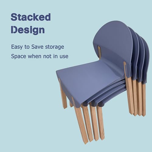 Stackable Plastic Dining Chair Set of 4, Modern Dining Chairs, 330lb Capacity, Protective Pads, 5-Second Cleanup, Kitchen, Dining Room, Balcony, Café, Commercial Use, Grey Blue Seat & Oak Legs - color: Blue