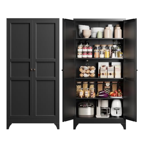 Metal Storage Cabinet with 2 Doors and 4 Adjustable Shelves,- 72" Black Kitchen Pantry Storage Cabinet for Kitchen,Living Room,Dining Room - color: Black, size: 72"H