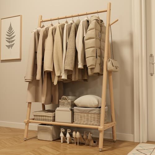 Solid Wood Clothing Rack, Rolling Clothes Rack for Hanging Clothes, Garment Rack with Shelves Load 350 Lbs, Portable Closet Organizer on Wheels for Hanging Clothes (Natural) - color: Natural