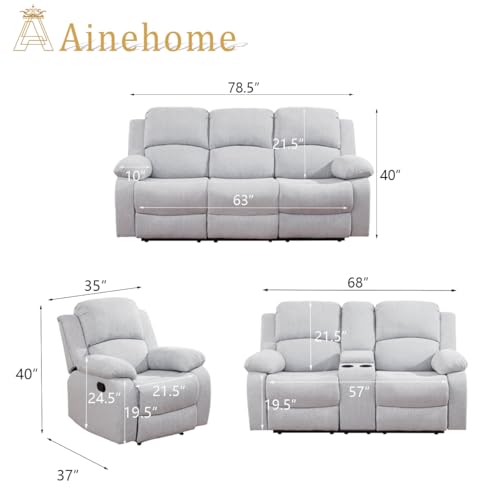 A Ainehome Living Room Furniture Set 3 Pieces Grey Microfiber Recliner Sofa Set Loveseat Chair Furniture Sofa Set for Living Room/Rv/House/Office/Theater Seating (A-Grey White Microfiber,3 Piece Set) - color: A-grey White Microfiber, size: 3 piece set