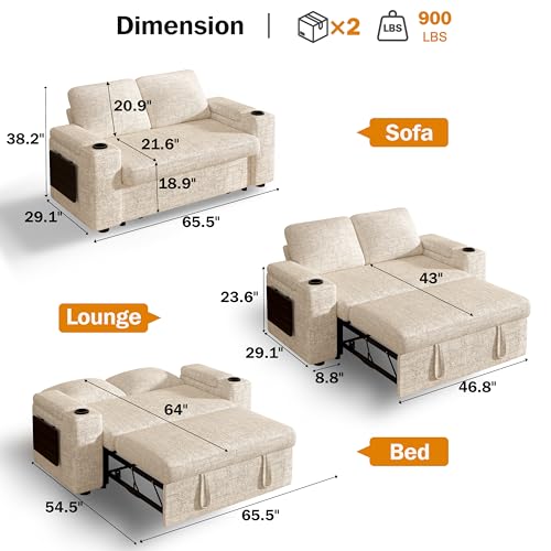 Vipbear 65" Loveseat Sleeper Sofa with Pull Out Bed, Chenille 3-in-1 Convertible Sofa Bed with Reclining Backrest|USB Ports|Cup Holders|Side Table|Storage Armrests, Tool Free Assembly, Beige - color: Beige