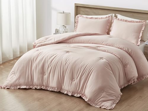 Chezmoi Collection Nora Blush Comforter Set King Size 3-Piece Fluffy Soft Stone-Washed Ruffled Shabby Chic Bedding for All Season - color: Blush, Ruffled Edge, size: King