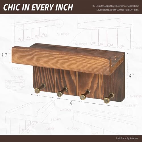 Rebee Vision Key Holder Wall Mount with 4 Hooks for Home Decor, Retro Brown | Pine Wood, Key Holder for Wall, Mail Sorter, Floating Shelf, Plant Display, Letter Holder, Home Storage Essentials - color: Retro Brown, size: Small - 8 inch