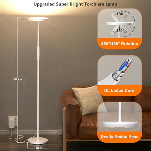 LED Floor Lamp, 3600LM Bright Standing Lamp 350W Equivalent with 2700K-6500K Stepless Dimming, Modern Torchiere Room Lamp with Remote/Touch Control, 69" Tall Lamp for Living Room Bedroom Office(White) - color: White