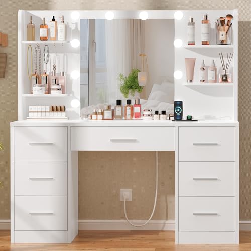 Quimoo Large Vanity Desk with LED Lighted Mirror & Power Outlet,Makeup Vanity Table with 7 Drawers,4 Shelves and 5 Hooks,Vanity Table, Vanity Desk Set for Bedroom,Bathroom,White - color: White 7 Drawers