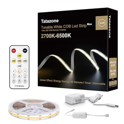 Tatazone 6.56ft Tunable White COB Led Strip Light with RF Remote, CRI93+ Dimmable CCT 2700K-6500K COB Led Tape Lights, Adhesive 3PIN Dual Color Led Light Strip for Bedroom, Kitchen, Cabinet - size: 6.56ft