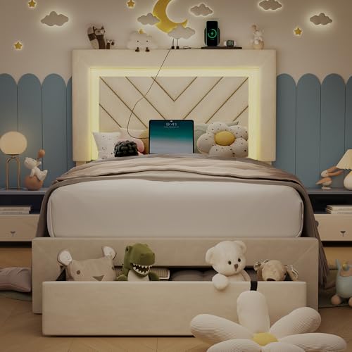 Twin Size Bed Frame with Adjustable Headboard and Storage Drawer, Upholstered Bed Frame Twin with RGB LED Lights and Charging Station, Easy Assembly, No Box Spring Needed, Off White - color: Off White, size: Twin
