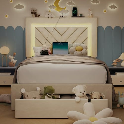 Twin Size Bed Frame with Adjustable Headboard and Storage Drawer, Upholstered Bed Frame Twin with RGB LED Lights and Charging Station, Easy Assembly, No Box Spring Needed, Off White - color: Off White, size: Twin