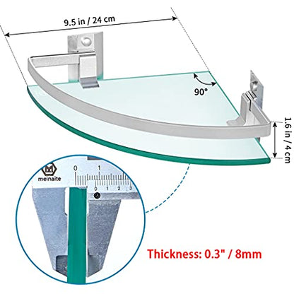 2 Pcs Tempered Glass Corner Shelf with Rail & Brackets, 9.5" x 9.5" Floating Shower Caddy, Wall Mounted Shampoo Holder Organizer for Bathroom, Kitchen, Living Room