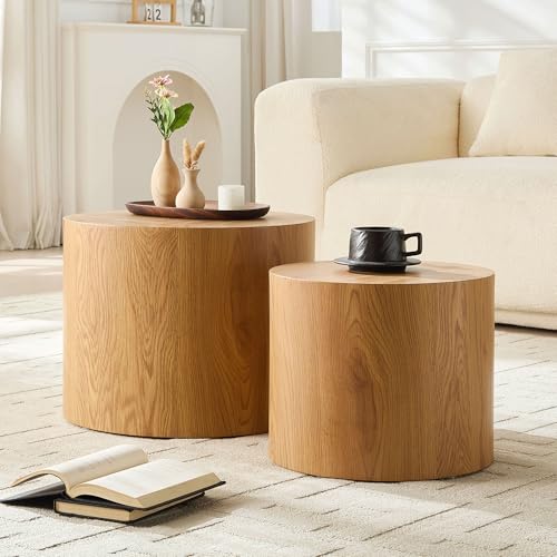 Nesting Coffee Table Set of 2, Modern Round Coffee Table Drum Side Table, Wooden Circle Accent Tables End Tables for Small Spaces Living Room Bedroom Office, No Need Assembly - color: 18.9" & 14.96" Natural