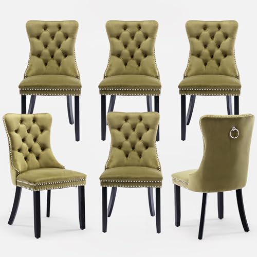 Velvet Upholstered Dining Chairs Set of 6, Modern Style Kitchen Side Chairs with Nailhead Trim and Wood Legs,Metal Pulling Ring for Dining Room Living Room(Olive Green,Set of 6) - color: Olive Green, size: Set of 6