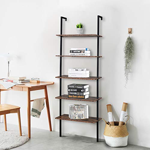 5-Shelf Modern Bookcase, Open Wall Mount Ladder Bookshelf with Industrial Metal Frame for Living Room Bedroom Home Office (Brown5) - color: Brown5