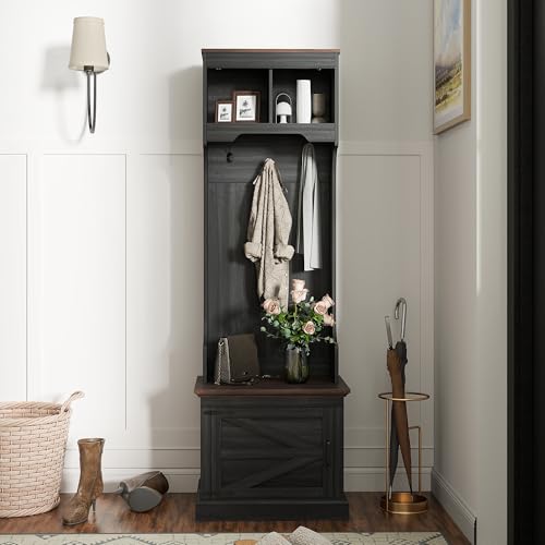 HOMCOM 3-in-1 Hall Tree with Shoe Storage, Shoe Bench, Black Wood Grain | Standing Coat Rack, Entryway Furniture, Three Hooks - color: Black Wood Grain