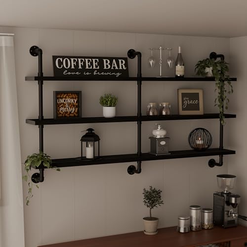 HDDFER Industrial Pipe Shelving Rustic Black Pipe Wall Shelves Industrial Shelves with Wood Planks Floating Shelves 60 Inch Farmhouse Bathroom,Kitchen Shelving Wall Mounted - color: Black, size: 3Tier60in
