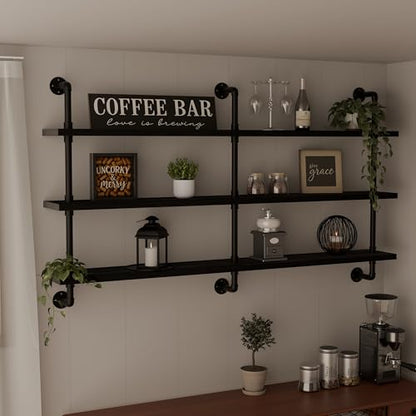 HDDFER Industrial Pipe Shelving Rustic Black Pipe Wall Shelves Industrial Shelves with Wood Planks Floating Shelves 60 Inch Farmhouse Bathroom,Kitchen Shelving Wall Mounted - color: Black, size: 3Tier60in
