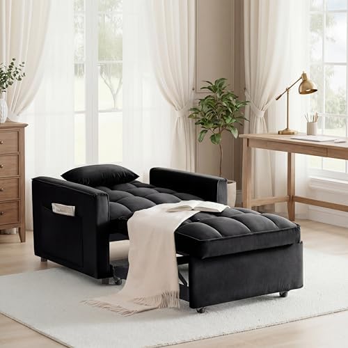 Sleeper Chair with Pull Out Bed, 3 In1 Convertible Chair Bed, Black | Adjustable Backrest with Multiple Reclining Positions, Soft Cushioning, Handy Side Pocket, Perfect for Everyday Lounging - color: W-black-m2