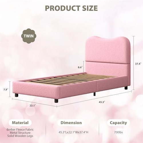 GarveeHome Twin Bed Frame for Kids with Upholstered Boucle Fabric, Pink | Upholstered Headboard, Low Profile, Sturdy Platform Bed for Girls and Boys, Wooden Slats, Noise Free, No Box Spring Needed - color: Pink, size: Twin