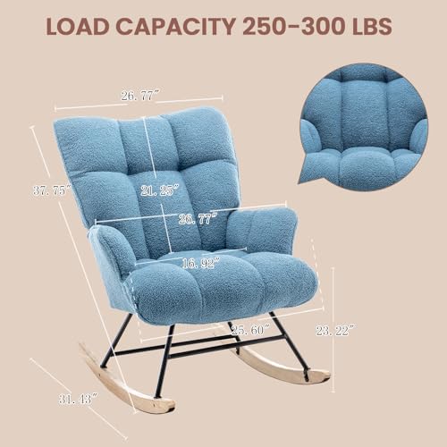 Rocking Chair Nursery Teddy Upholstered Glider Rocker Rocking Accent Chair Padded Seat with High Backrest Armchair Comfy Side Chair for Living Room Bedroom Offices (LightBlue Teddy) - color: Paleblue