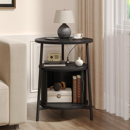 Round Side Table with Charging Station, Black | Circle Nightstand with Storage, Fluted Bedside Table, with Sliding Door, for Living Room Small Space Bedroom