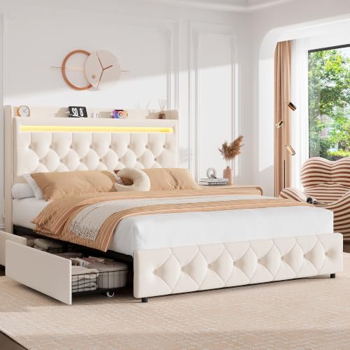 Garvee Full Upholstered LED Bed Frame with Storage Headboard, White | Full Bed with Charging Station and 2 Drawers, Soft Velvet Princess Platform Bed for Kids, No Box Spring Needed, Easy Assembly - color: White, size: Full
