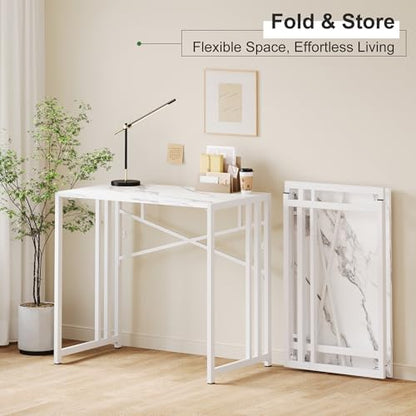 Lutown-Teen 35 inch Folding Small Desk, White Marble | Writing Gaming Computer Camping Desk for Small Spaces, No Assembly Required Home Office Table - color: White Marble, size: 35 Inch