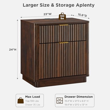 T4TREAM 23'' Fluted Nightstand with Charging Station, Modern, Dark Walnut | Large 2 Drawer, Curved Profile, Mid-Century, Bedside Table with Storage, End Table for Living Room, Bedroom, Side Table - color: Dark Walnut