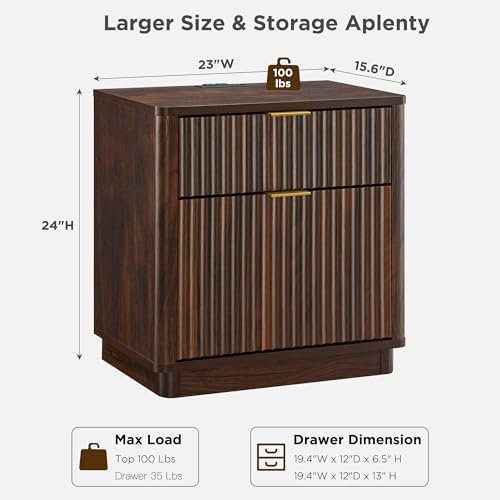 T4TREAM 23'' Fluted Nightstand with Charging Station, Modern, Dark Walnut | Large 2 Drawer, Curved Profile, Mid-Century, Bedside Table with Storage, End Table for Living Room, Bedroom, Side Table - color: Dark Walnut