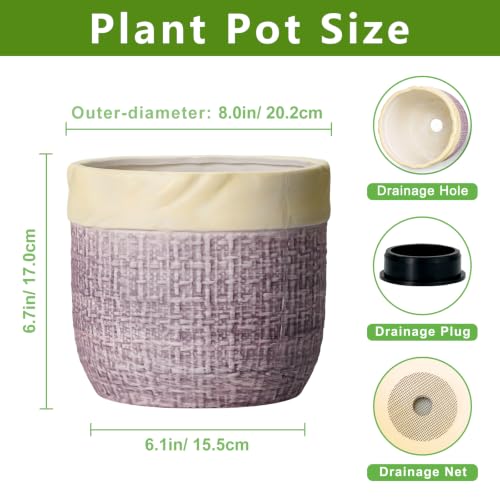 8 Inch Plant Pot, Ceramic Planter, Round Pot for Plants, Purple | Boho Planter with Drainage Hole, Decorative Flower Pots for Indoor Plants, Home Room Decor, House Warming Gifts - color: Purple, size: 8 Inch