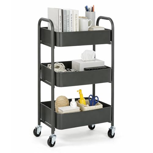 SunnyPoint 3-Tier Delicate Compact Rolling Metal Storage Organizer - Mobile Utility Cart Kitchen/Under Desk Cart with Caster Wheels (Gray, 15.35" X 10.24" X 26.8"H) - color: Grey