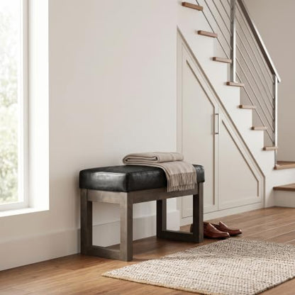 SIMPLIHOME Milltown 27" Wide Vegan Leather Rectangle Ottoman in Black | Distressed black, contemporary ottoman with a cushioned seat for bedroom seating; footstool, footrest or bench. - color: Distressed Black, style: Small Ottoman Bench