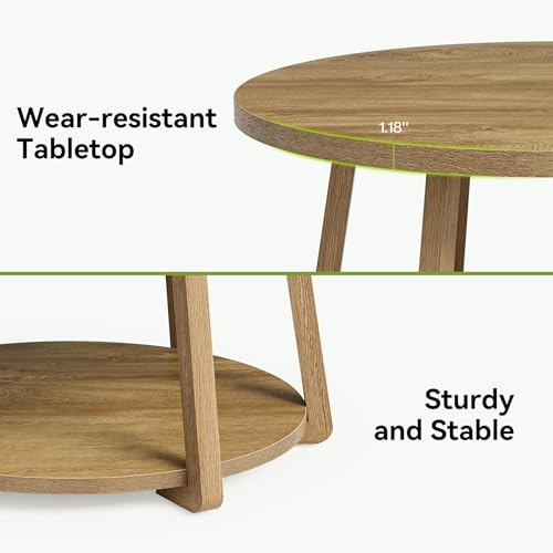 LITTLE TREE Round Coffee Table, 2-Tier Center Table with Storage | Wooden Legs, 31.5 Dia. x 19.6 H Inches, Easy Assembly, Circle Coffee Tables for Living Room, Bedroom - color: Oak
