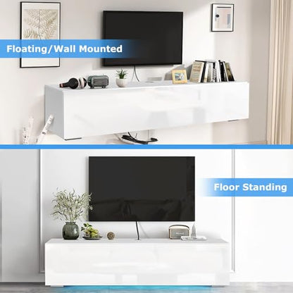 Floating TV Stand with LED for 60 65 70in TV, Glossy Wall Mounted Modern Entertainment Center with Storage, White - size: 63"W x 12"D x 13.5"H