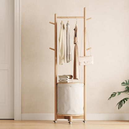 CycleCrew Solid Wood Coat Rack with Fabric Basket - Freestanding Coat Rack Rolling Coat Tree with 9 Hooks Wheels, Small Clothes Rack For Entryway Bedroom Hallway Living Room - color: Natural