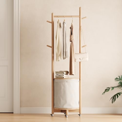 CycleCrew Solid Wood Coat Rack with Fabric Basket - Freestanding Coat Rack Rolling Coat Tree with 9 Hooks Wheels, Small Clothes Rack For Entryway Bedroom Hallway Living Room - color: Natural