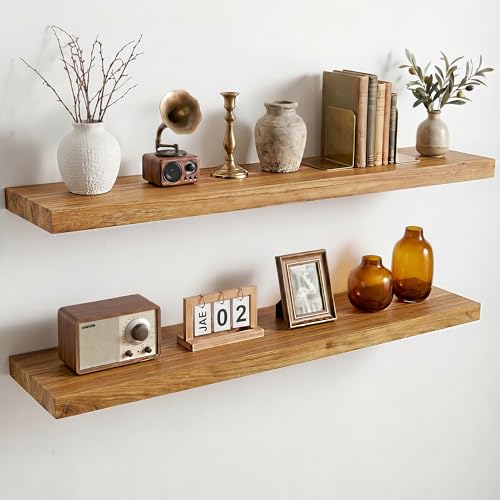 Dreamland 36 Inch Long Floating Shelves Set of 2, Rustic Solid Elm Wood Floating Shelf Wall Mounted, 8 Inch Deep Wooden Wall Shelves for Living Room, Bedroom, Bathroom, Kitchen, Natural - color: Natural, size: Flat Edge - 36"L