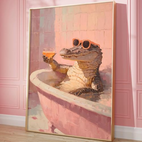 Pink Sunglasses Wall Art Funky Animal Posters Aesthetic Cocktail Picture Animal Drinking Wall Art Funny Bathroom Animals Prints Crocodile Artwork Pink Bathtub Painting Bathroom Humor Poster Frameless - color: G2Unframed