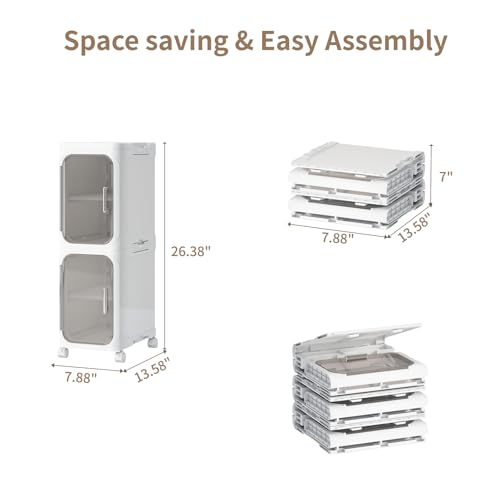 2 Tier Slim Bathroom Storage Cabinet, Foldable and Movable, White | Tools Free, ABS and PET, Magnetic Clear Door, Adjustable Shelves, Lockable Wheels, Water Resistant, For Narrow Space - color: White, size: 2 Tiers