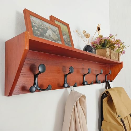SKOLOO Wall Shelf with Hooks, 35-Inch Cherry Coat Rack Wall Mount with Shelf Organizer - Lightweight & Sturdy, 5 Tri Hooks - Perfect for Entryway, Hallway, Living Room, Bedroom, Mudroom - color: Cherry, size: 35 inch with 5 hooks