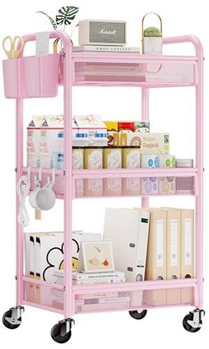 3 Tier Metal Rolling Cart, Pink Utility Storage Cart with Wheels | Metal Mesh Craft Cart With Hooks & Hanging Cups, Ideal For Kitchen, Bathroom, Office, Dorm, Art Workspace, Bedside Storage - color: Pink