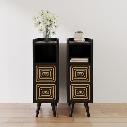 Nightstands Set of 2,Night Stand Bed Side Table with Storage Space,Wooden Bedside Table with Open Shelf,2 Drawers,End Table with Solid Wood Feet for Bedroom,College Dorm,Entryway (Black) - color: Black