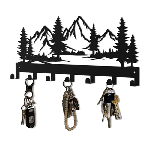 Key Holder Wall Mounted Key Hooks, Black Metal Key Rack Hooks, The Great Grove, Mountain Theme Wall Decoration Hooks, with 7 Hooks, Applicable to Front Doors, Lobby,Corridor, Offices (12 ")