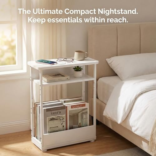 Narrow Side Table,3-Tier Slim End Table with Storage Shelf,Modern Sofa Table Thin Side Table for Narrow and Small Spaces, Skinny Bedside Table Small Nightstand with Magazine Rack Space Saving/White - color: White